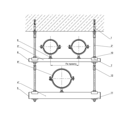Крепления нескольких трубопроводов к перекрытию в Бобруйске